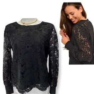 HALOGEN Long Sleeve Lace Top Woman French Style Lace Blouse Black Sz S